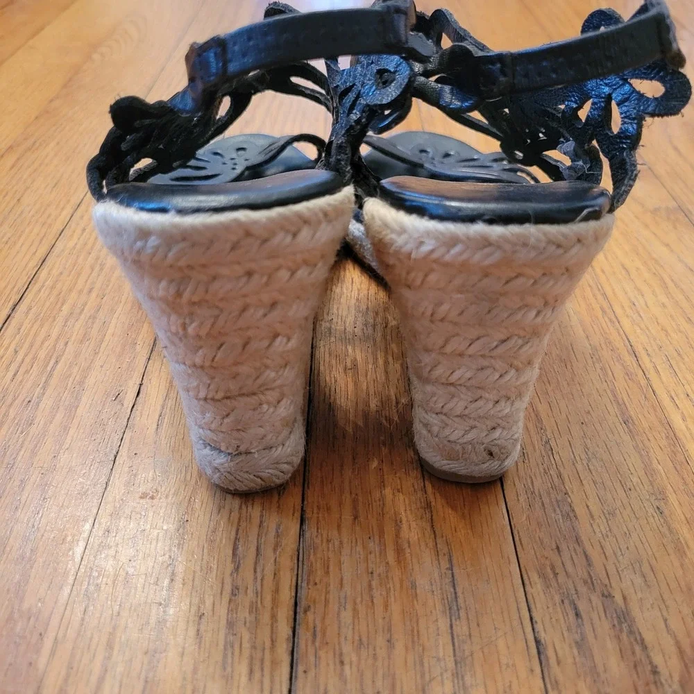 Eric Michael 7‎ Black Leather Floral Cutout Espadrille Wedge Sandals JILLIAN 37